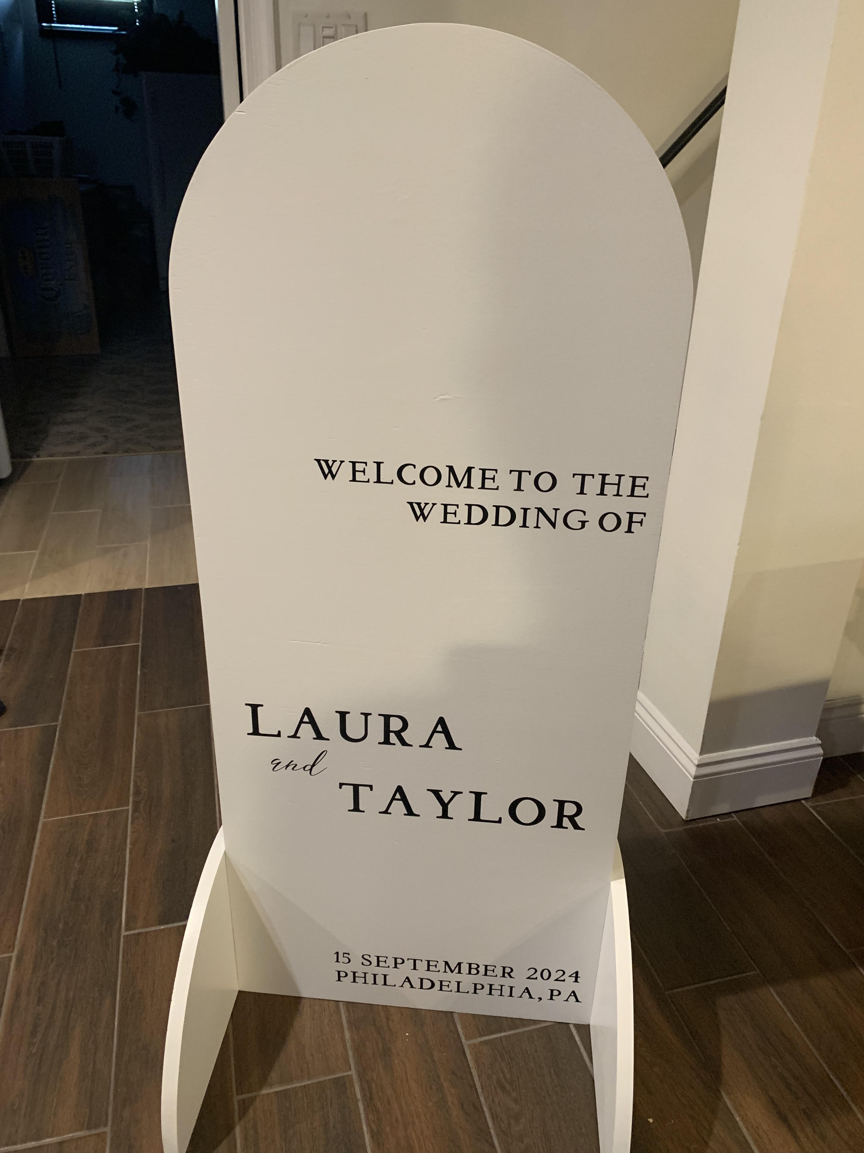 Wooden wedding welcome signage with names and date